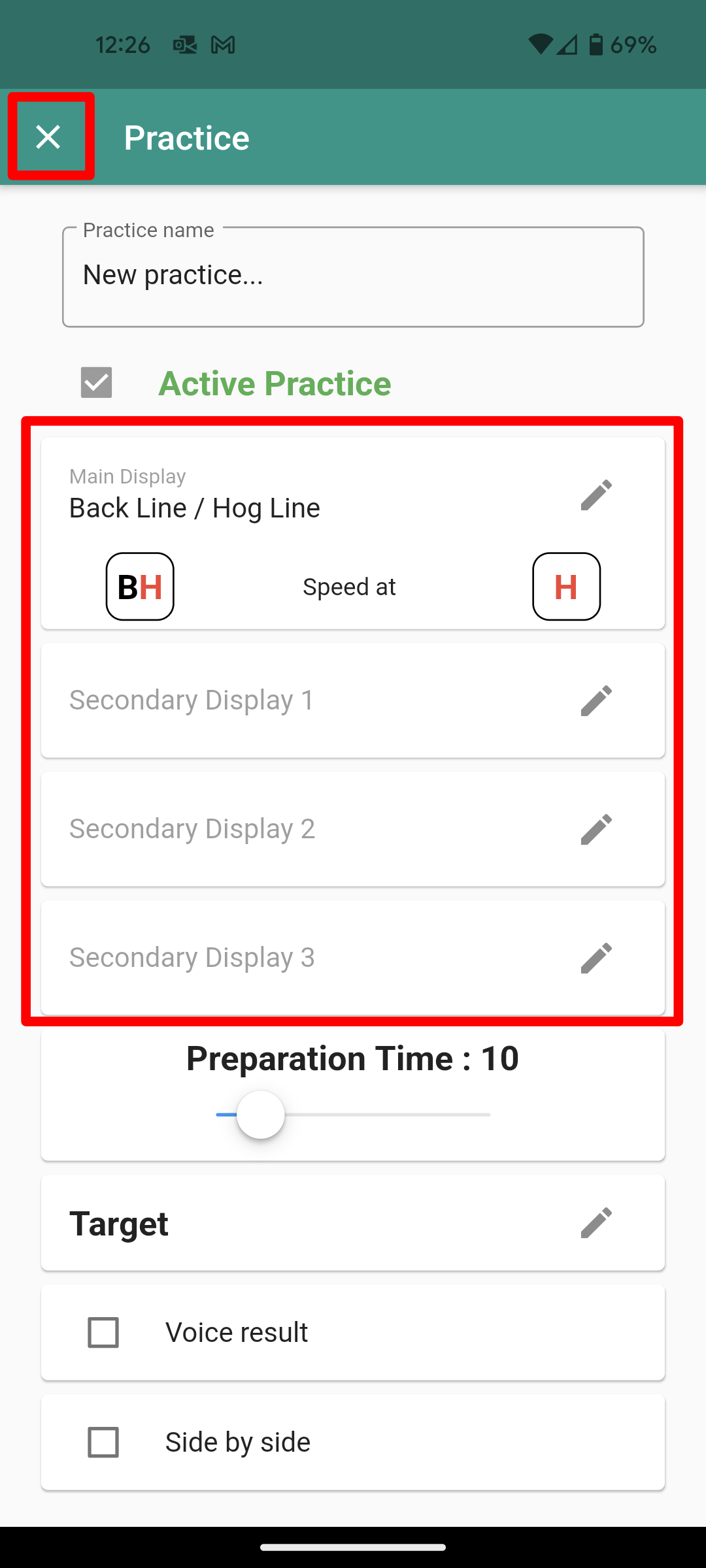 Practice configuration window